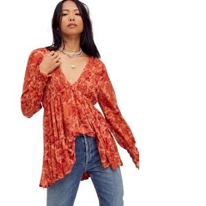 Free People Orange‎ Floral Print Long Sleeve Smocked Tunic Top Bohemian Boho